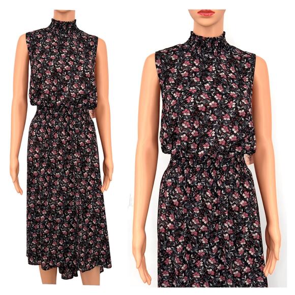 NWT Nanette Lepore Black Pink Ditsy Floral Smocked Neck Midi Dress 8 Hi-Low Hem - Picture 13 of 13
